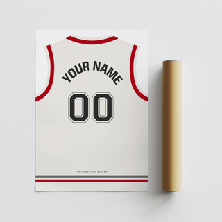 Basketball Jersey Poster in White with Red Sleeves and Black Number flat on a surface next to a packaging tube