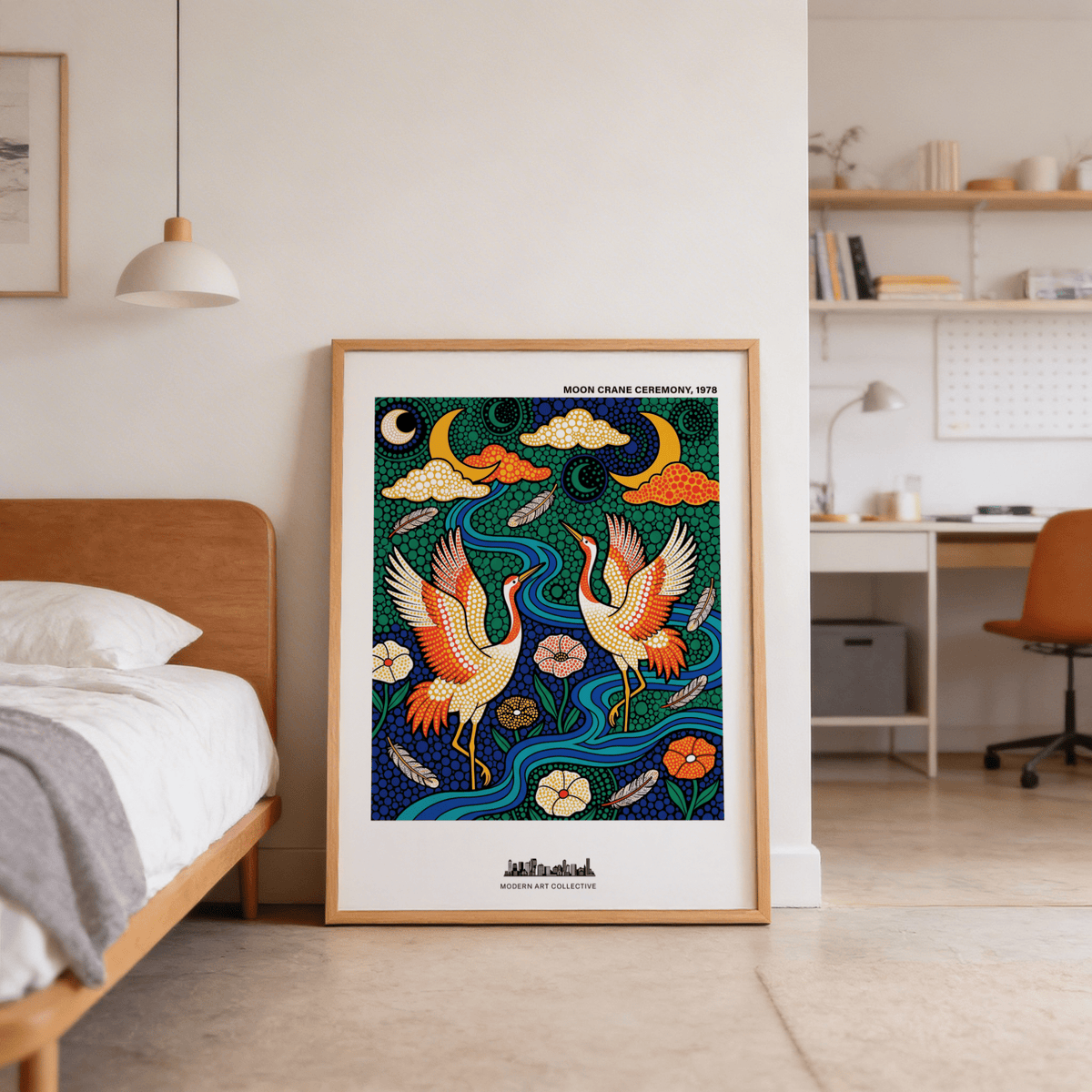 Print leaning on floor of colourful crane poster with folk art style in a bedroom