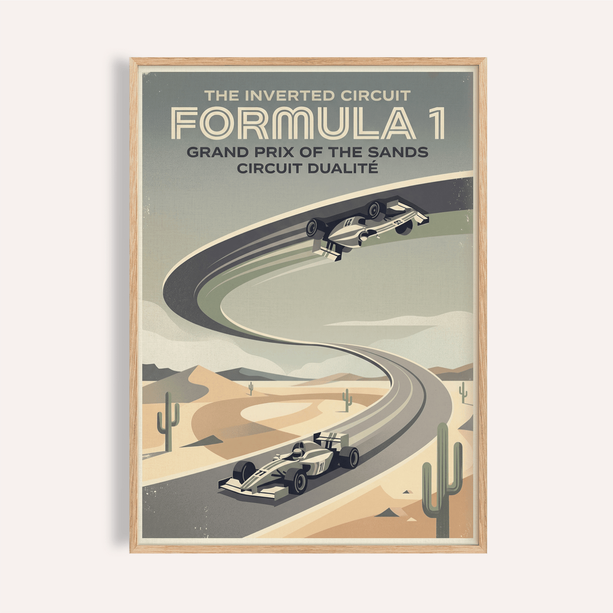 Featuring a winding desert track and two race cars, Vintage Motorsports Poster wall art with bold racing typography