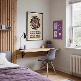 Mexican Art Print hung above a wooden desk with a grey chair in a bedroom with a bed