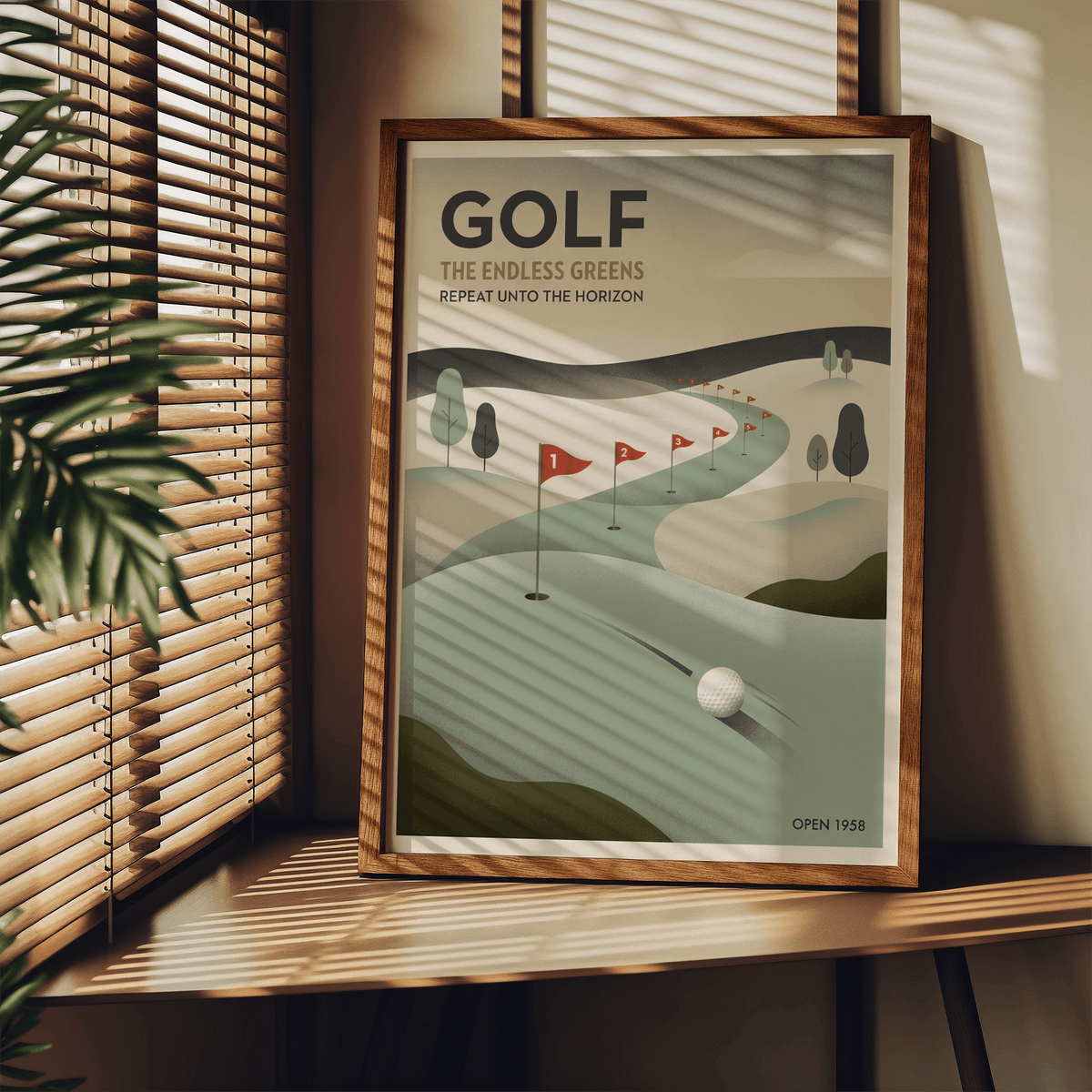 Framed Vintage Golf Wall Art showing green hills with red flags and a golf ball on a wooden shelf