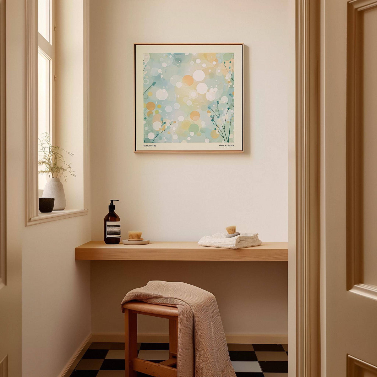 Sitting room wall art with abstract circles and dots in soft blue and beige above a wooden shelf with soap and towel