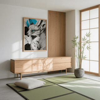 Japanese Fox Print print on a wall in a minimalist room with tatami mats and a bamboo plant