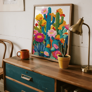 Cactus Flower Art print with vibrant cacti and flowers leaning on a wooden sideboard with a lamp and a small potted cactus