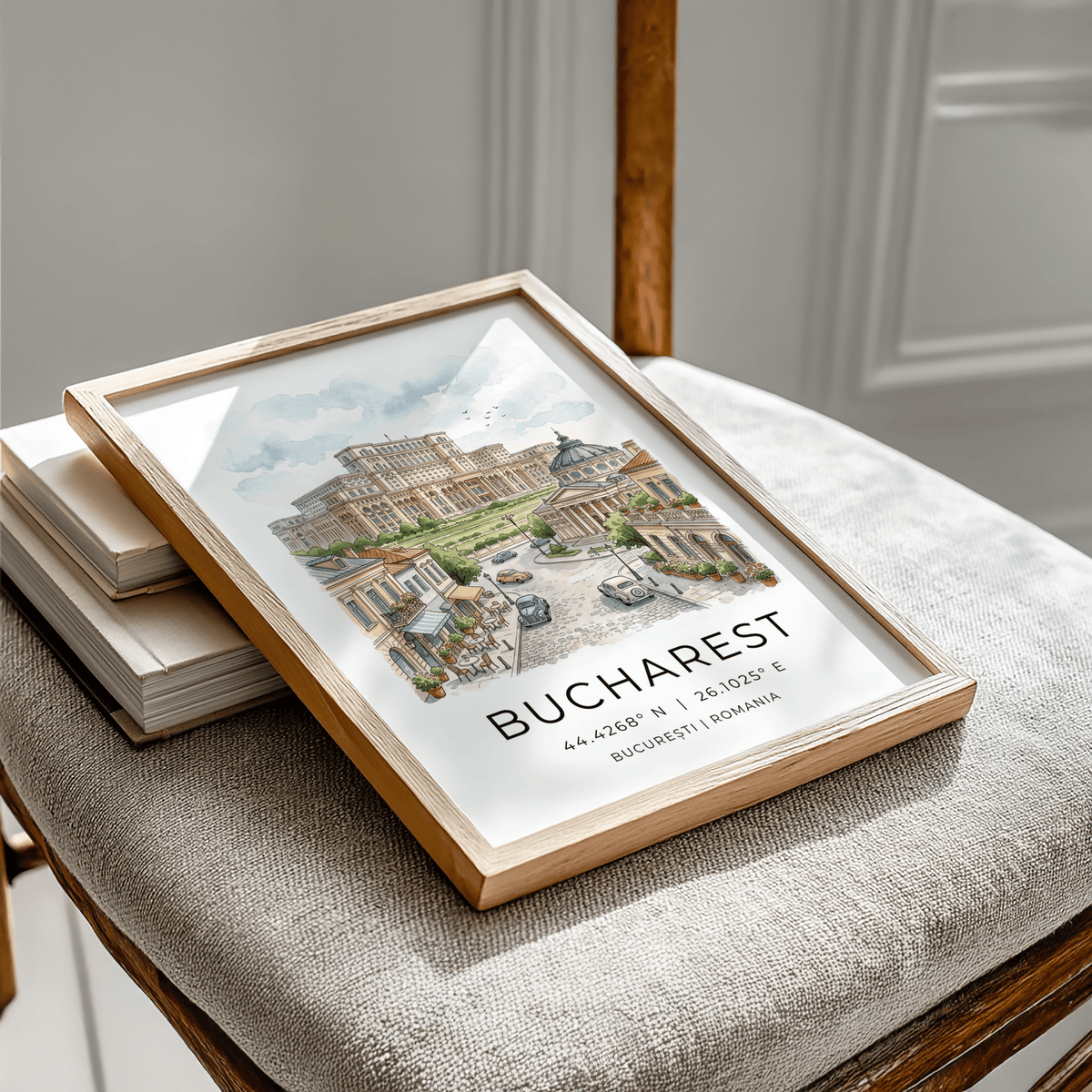Framed Bucharest Cityscape Art Print on a chair with stacked books nearby showing the Palace of the Parliament in soft colours