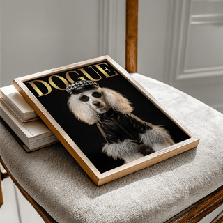 Framed Dog Fashion Print of a poodle in a black leather jacket and houndstooth cap on a chair