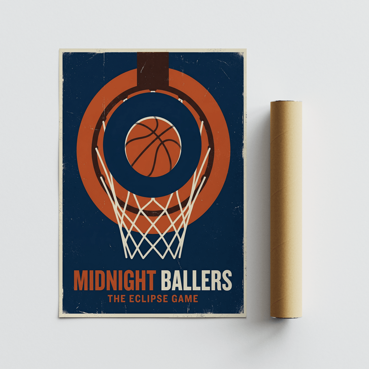 Basketball Game Wall Art print with a basketball hoop and ball and a brown packaging tube on a white surface
