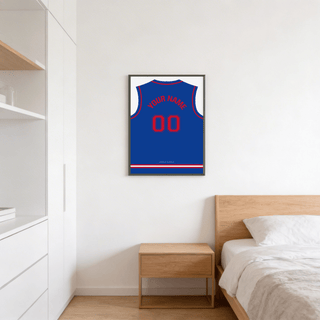 Basketball Jersey Poster in Blue with Red Number on a bedroom wall above a wooden bedside table