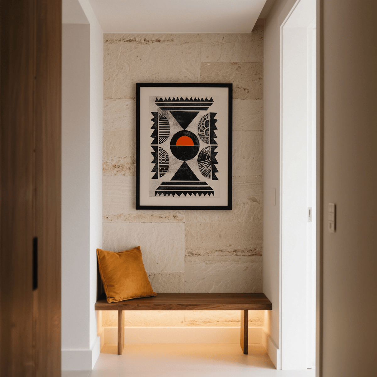 Indian Pattern wall art with black and orange geometric shapes above a wooden bench with an orange cushion in a stone walled hallway