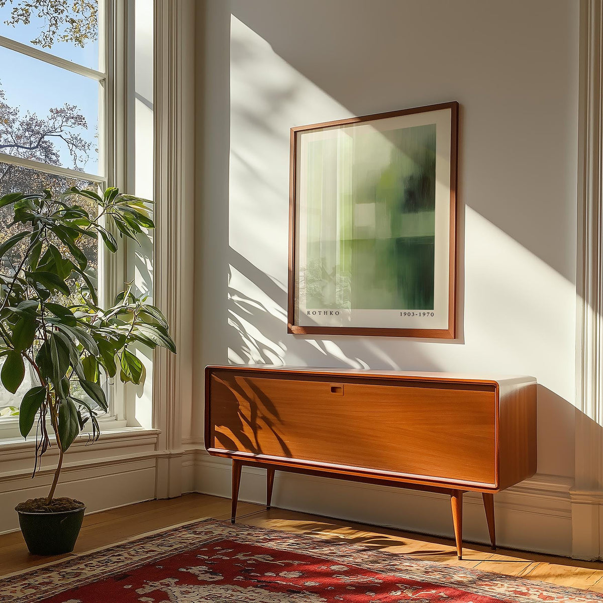 Olive green wall art with abstract shapes above a mid century modern wooden cabinet in a sunny room
