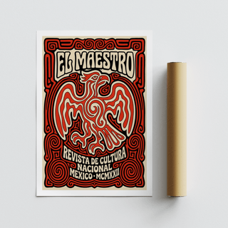 Cultural Mexican Poster rolled print with folk-art red and beige eagle illustration on a white surface