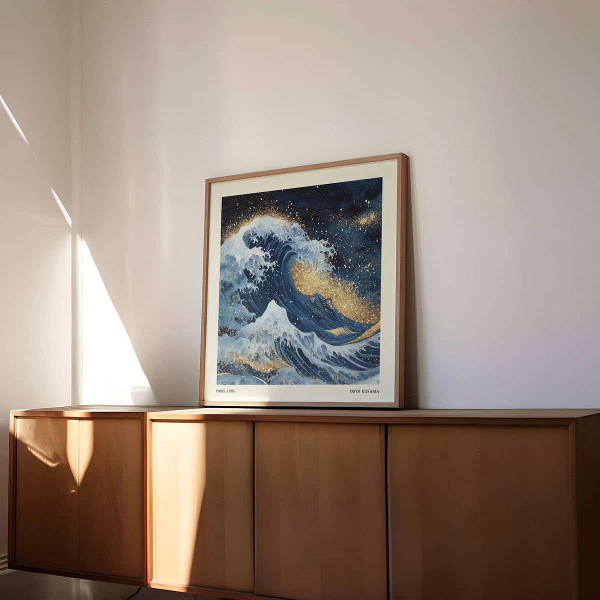 Print leaning on a wooden sideboard of blue ocean wave with gold details in natural light