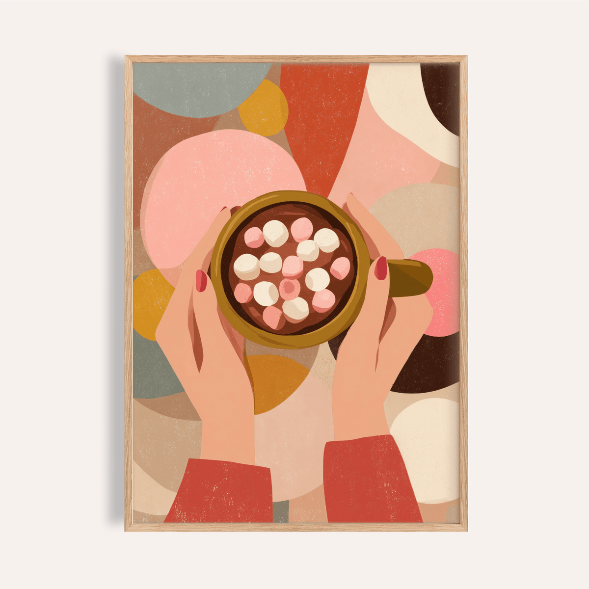 Framed Hot Chocolate wall art showing hands holding a cup with marshmallows against abstract coloured shapes