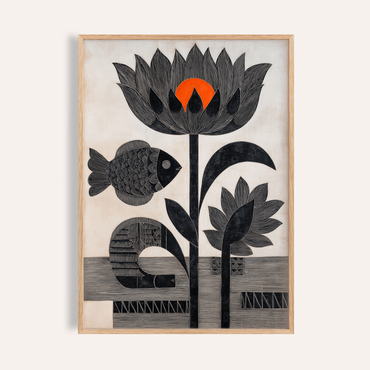 Framed Lotus Fish wall art with black fish and flowers and a bright orange circle