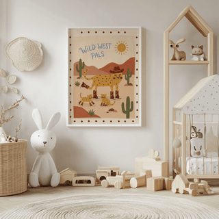 Wild West Animal Art Print hanging on a nursery wall with wooden toys and soft decor