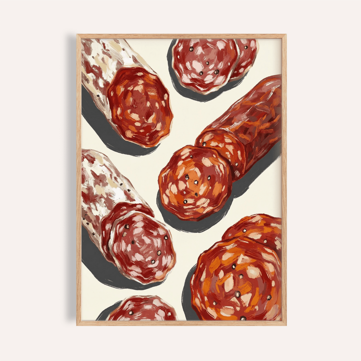 Framed print of Italian Salami Print showing sliced salami in red and white tones