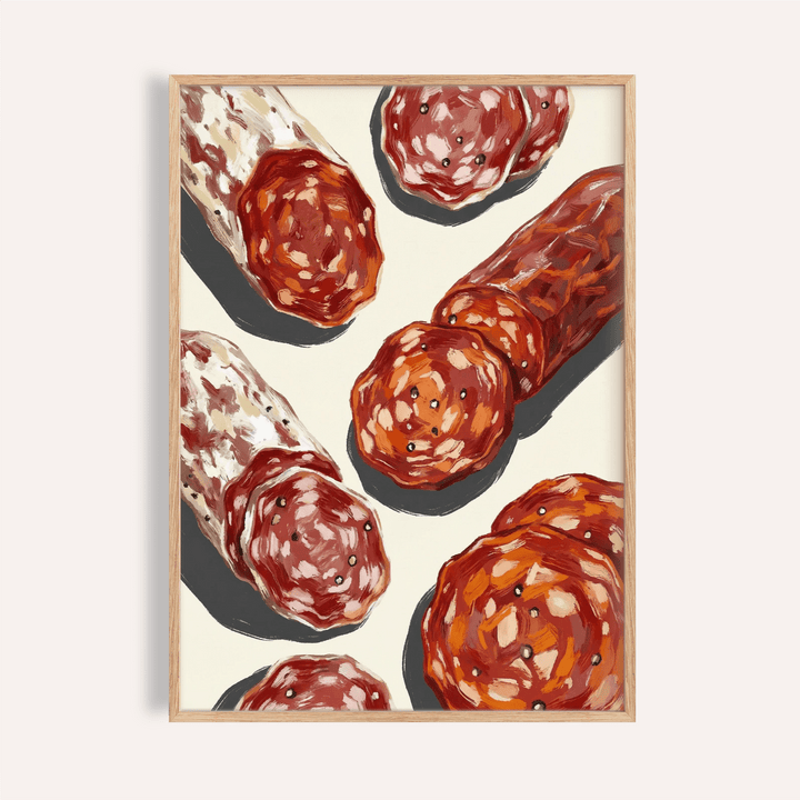 Framed print of Italian Salami Print showing sliced salami in red and white tones