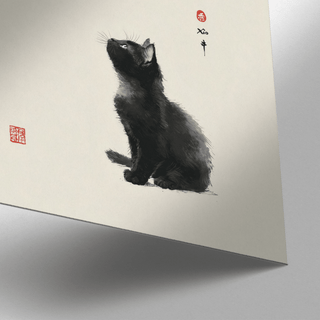 Detail close-up of Butterfly Cat Poster showing a black cat and red seals on cream paper