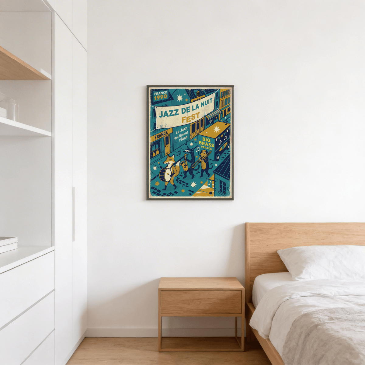 Paris Jazz Poster wall art with a fox playing a drum and two other animals in vintage style above a wooden bedside table