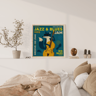 Print on a wall of Jazz Blues Art with a fox playing double bass in retro blue and yellow tones above a bed