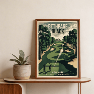 New York Golf Course Print framed close-up of golfers on a green fairway with a plant beside it