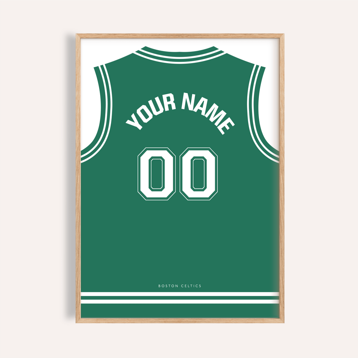 Framed Basketball Jersey Poster in Green with White Number close-up showing text Your Name and number 00
