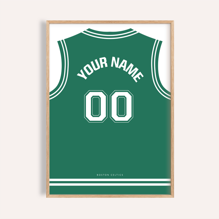 Framed Basketball Jersey Poster in Green with White Number close-up showing text Your Name and number 00