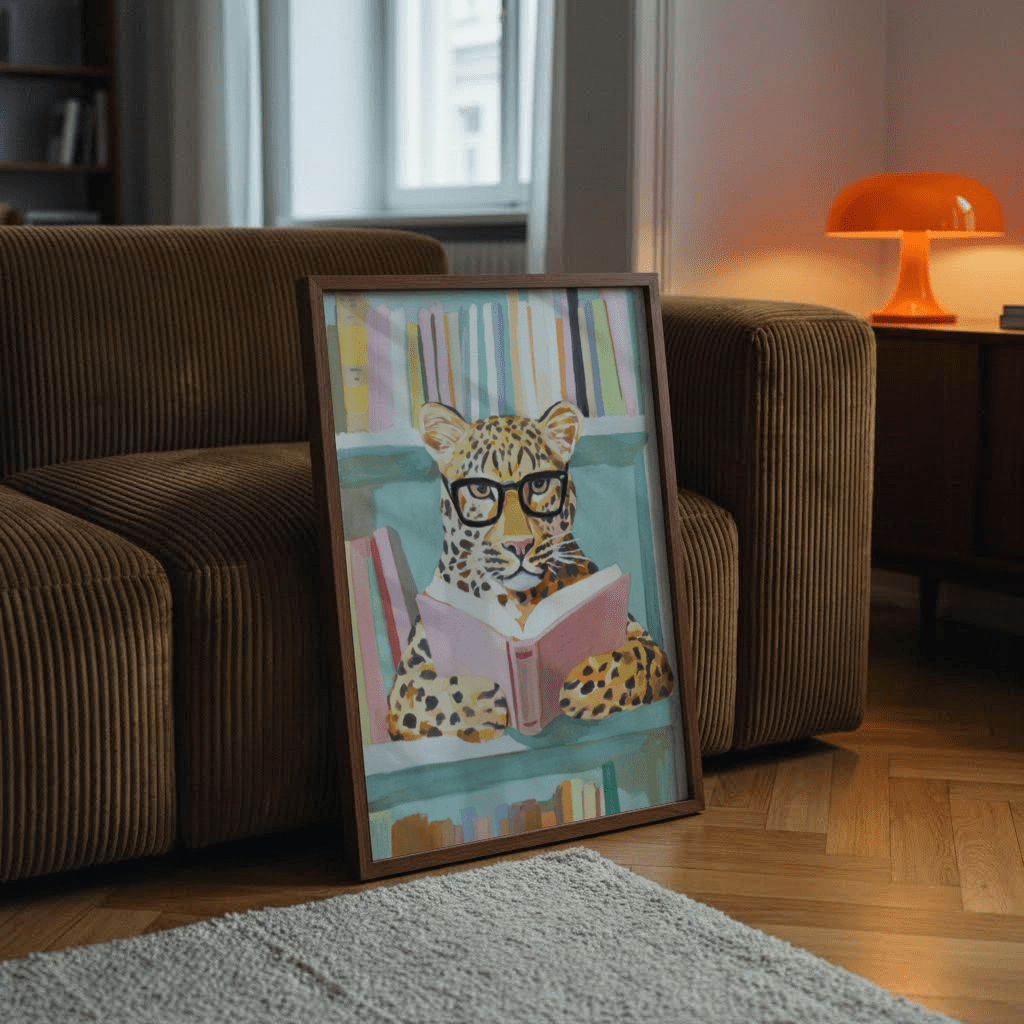 Reading Leopard Art Print leaning against a brown sofa with orange lamp in the background