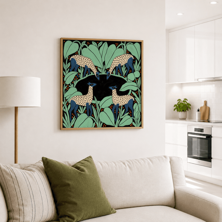 Colourful Animal wall art with spotted deer and green leaves above a cream sofa in a living room