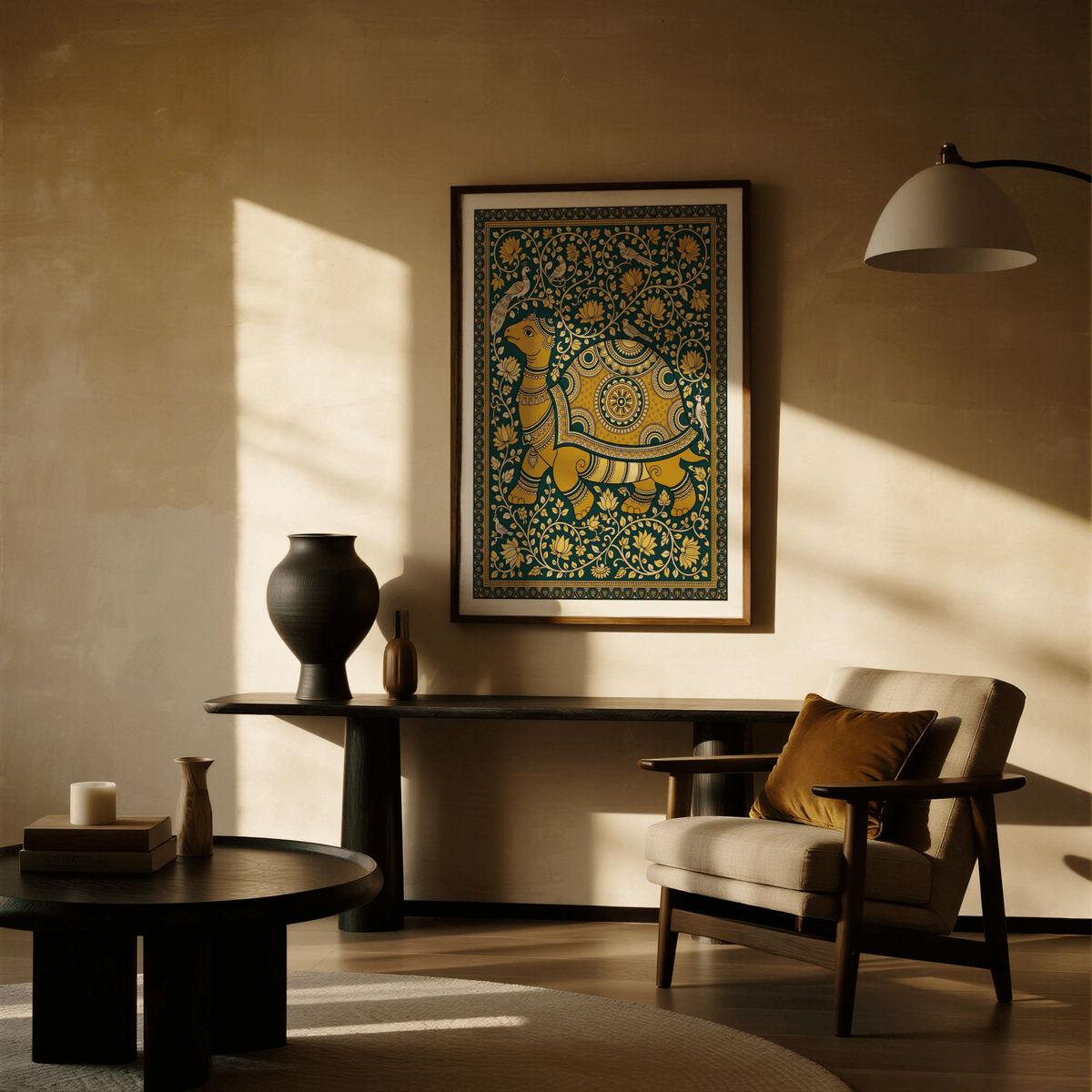 Indian style turtle poster framed on a neutral-toned wall with a black vase on nearby table