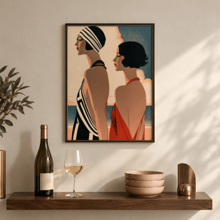 Art Deco Riviera Fashion Print on a wall above a wooden shelf with wine bottle and glass