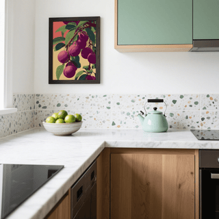 Plum Poster framed print with purple plums and green leaves in a kitchen above a bowl of limes