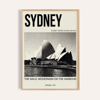 Framed Sydney Opera House Poster with a black and white photo and bold typography