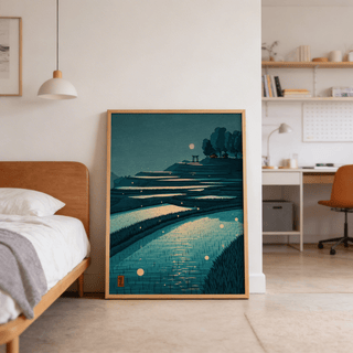 Tranquil Rice Field Poster leaning on a bedroom floor with moonlit terraced rice fields in blue and green tones