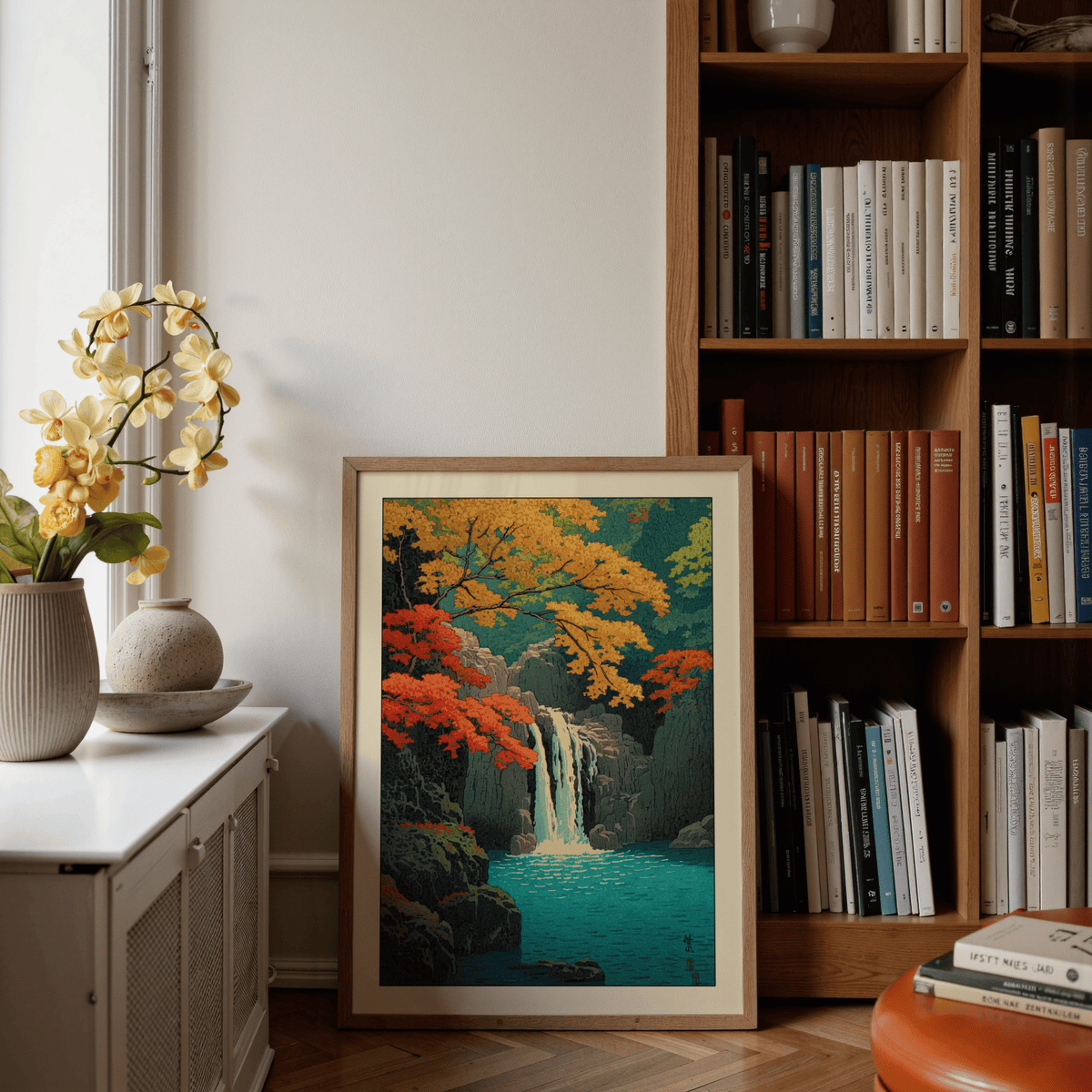 Print leaning on the floor of a waterfall with autumn leaves in orange and red near a wooden bookcase