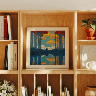 Hasui Kawase Serene Nature wall art of a peaceful figure by lake with autumn trees on a wooden shelf alongside books and a plant