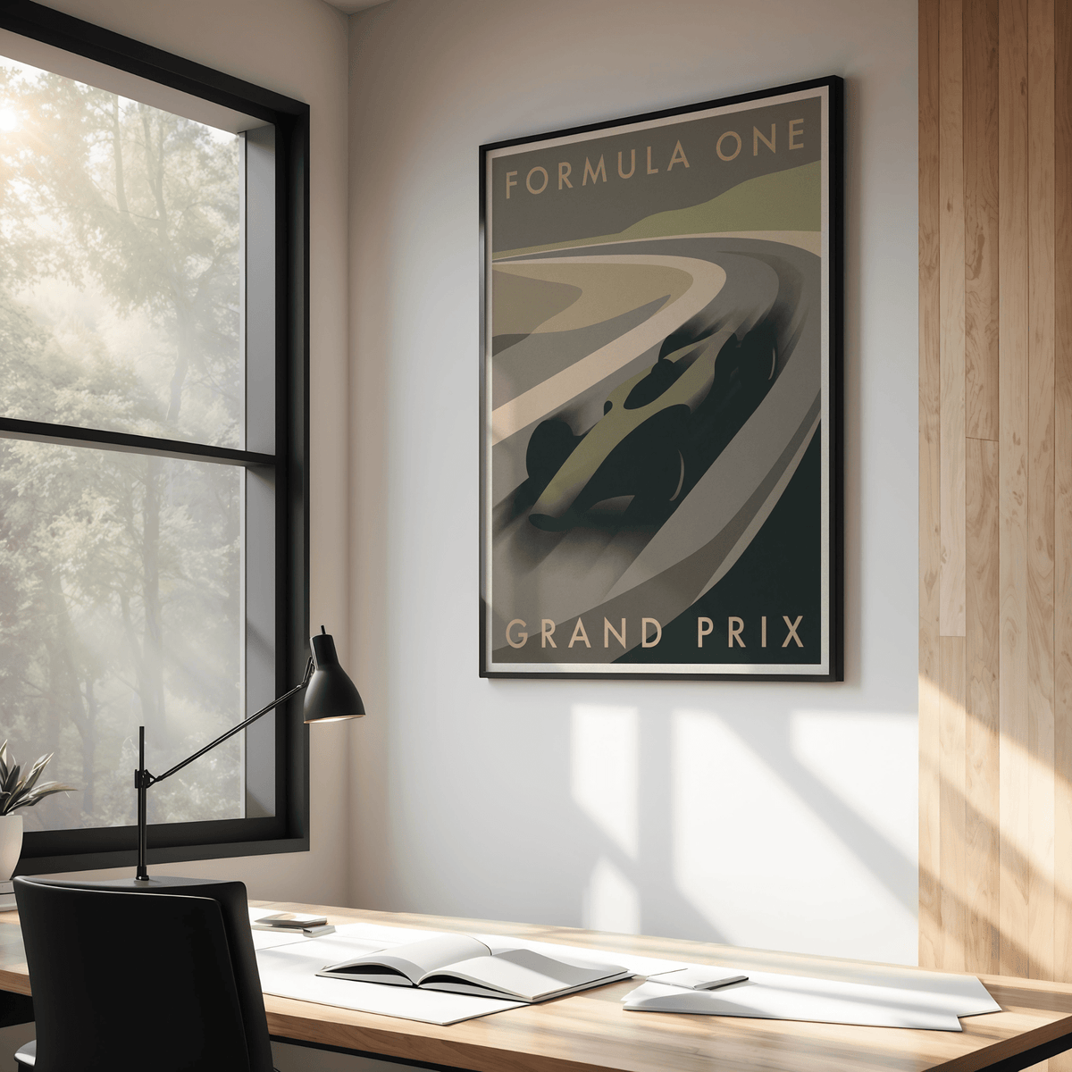 Grand Prix Racing print leaning on a wall above a desk with a black desk lamp in a minimal workspace