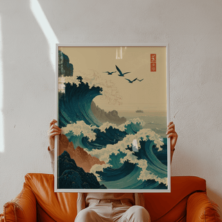 Framed Japanese Wave Art Print with ocean waves and birds held by person on brown leather sofa