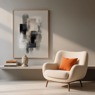 Large Wabi Sabi Print with abstract layered shapes in muted colours above a shelf with books and a Buddha head sculpture