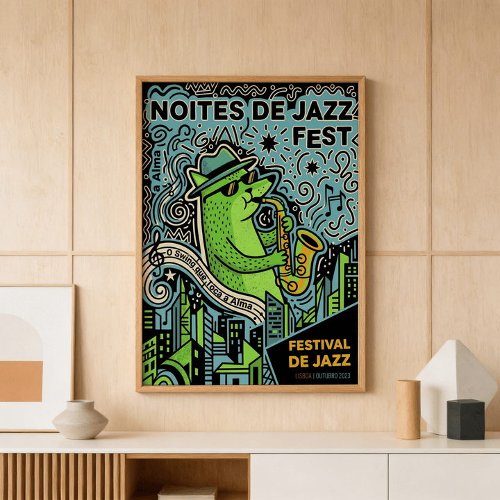 Lisbon Jazz Poster print leaning on shelf with green cat playing saxophone in pop-art style