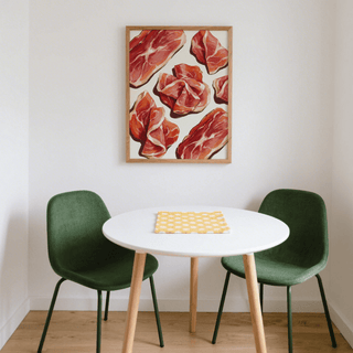 Parma Ham Poster print on wall above a white round table with green chairs
