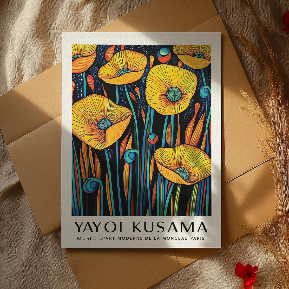 Bright floral Poppies Wall Art with blue and orange botanical design.