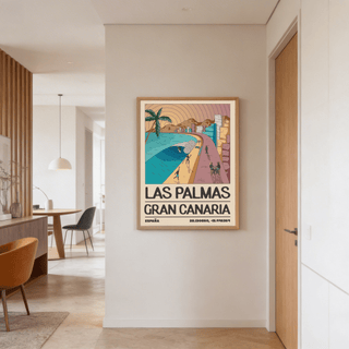 Las Palmas Art Print framed on a hallway wall showing a retro beach scene with blue sea and a palm tree