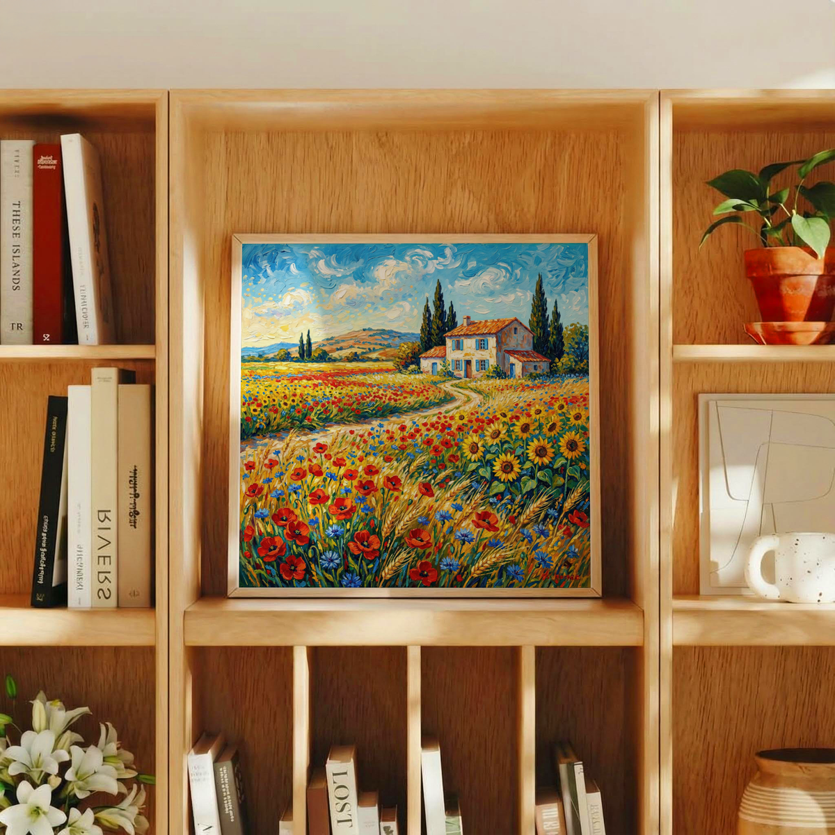 Vibrant Countryside Wall Art presented on a wooden shelf with a small green plant nearby