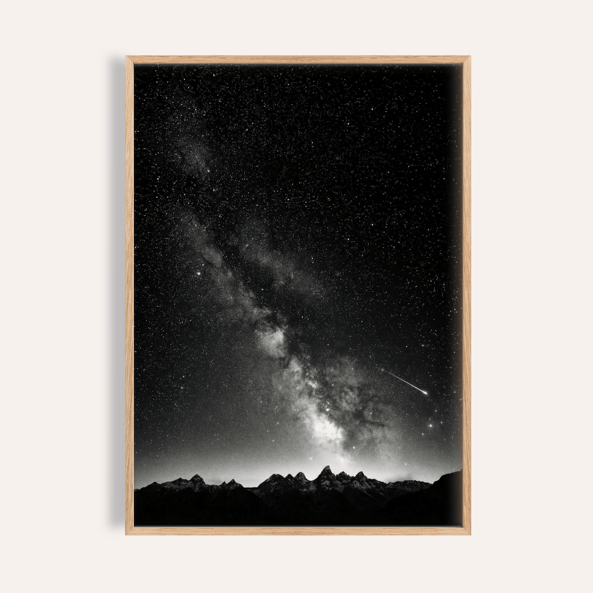Framed Starry Night Poster showing milky way over mountain peaks in black and white