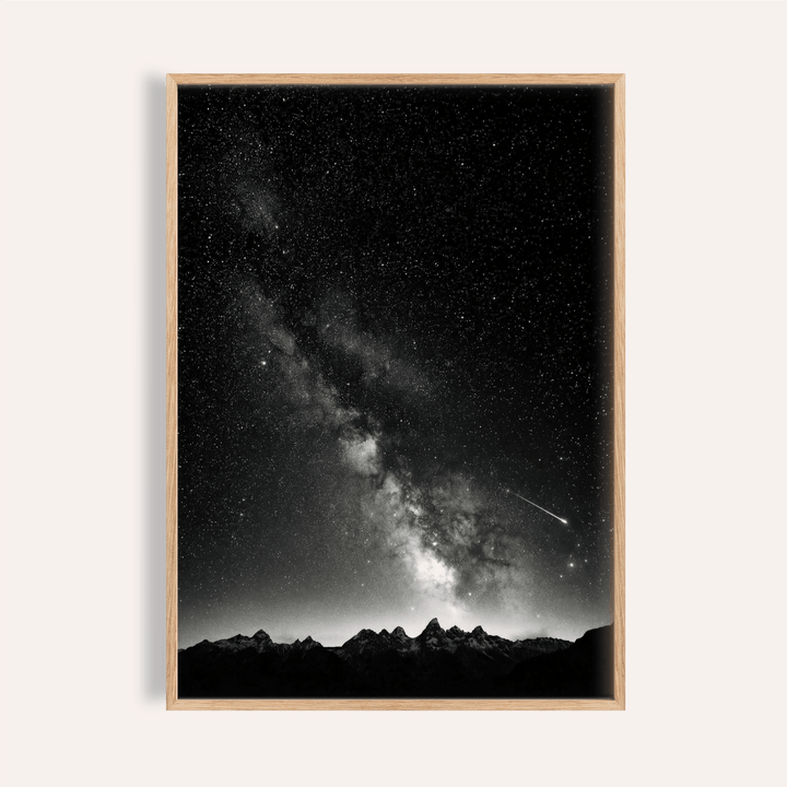 Framed Starry Night Poster showing milky way over mountain peaks in black and white