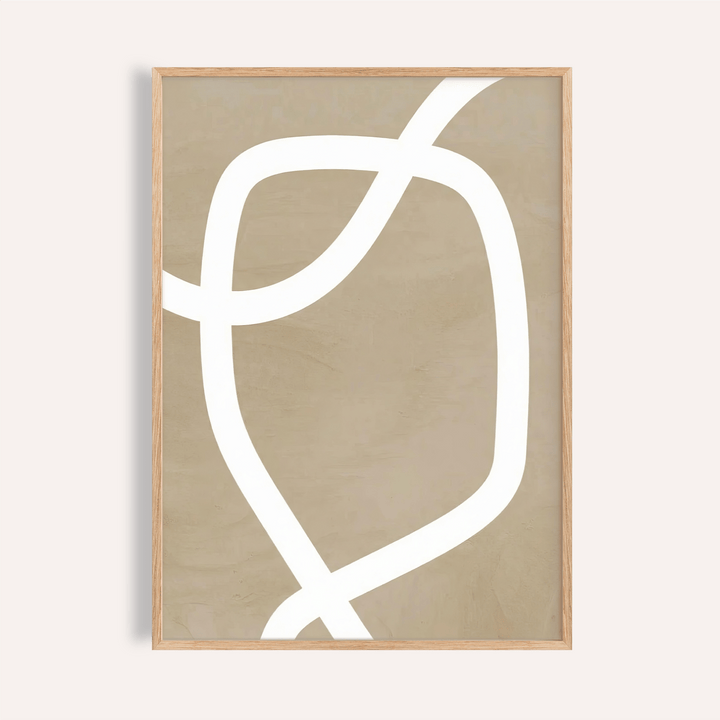 Framed close-up of minimalist art wall featuring curved white line on beige background
