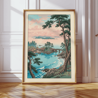 Framed Hasui Kawase Sea Landscape Print of a Japanese coastal village at sunset with pink clouds and blue sea