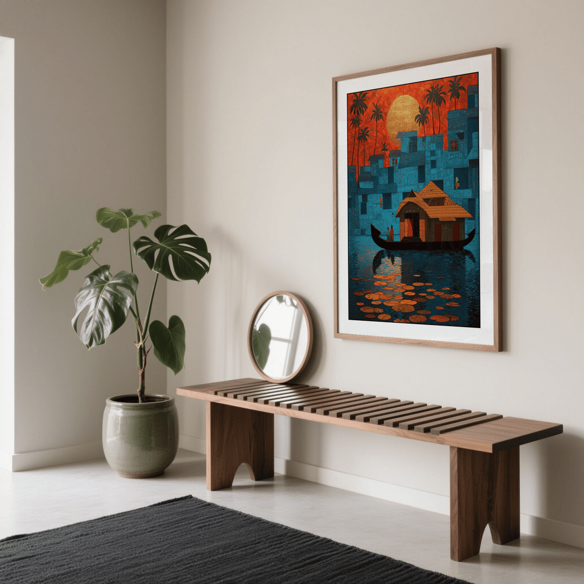 Kerala wall art of a houseboat on water with an orange sky above a wooden bench and mirror