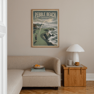 California Coastal Golf Print framed print on a lounge wall with a wooden side table and lamp